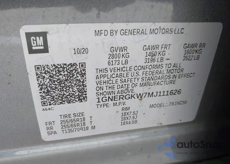 2021 Chevrolet Traverse Fwd Lt Cloth из США, поврежденный, VIN 1GNERGKW7MJ111626